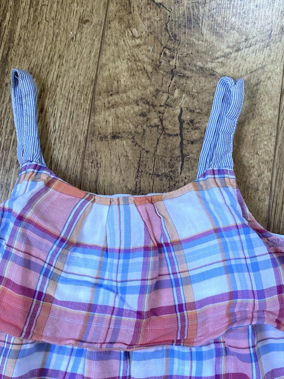IKKS pink, blue & white checkered blouse 8 years – Bohemian ruffles 100% cotton – photo 2